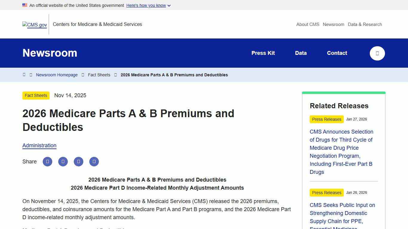 2026 Medicare Parts A & B Premiums and Deductibles CMS